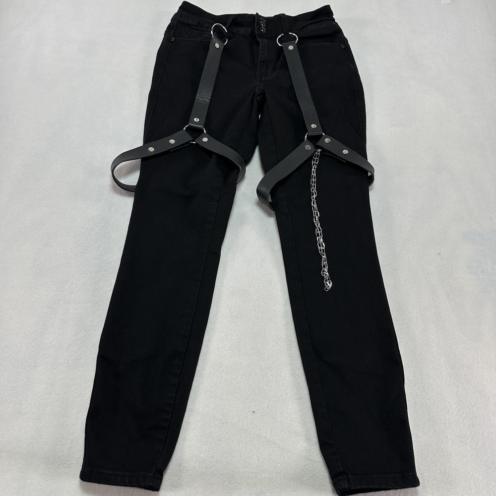 HT Denim Pants Women's 5 Hi-Rise Super Skinny Harness Straps Chain Goth Punk Emo - Picture 2 of 14